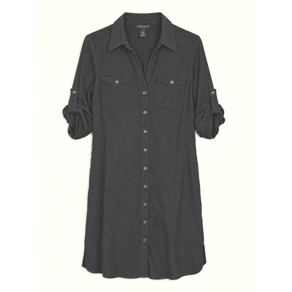 White House Black Market Silk Shirt Dress Black Utility Roll Tab Sleeve Size 8